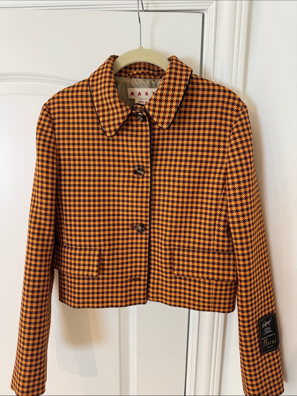 Marni Orange and Black Houndstooth Cropped Blazer